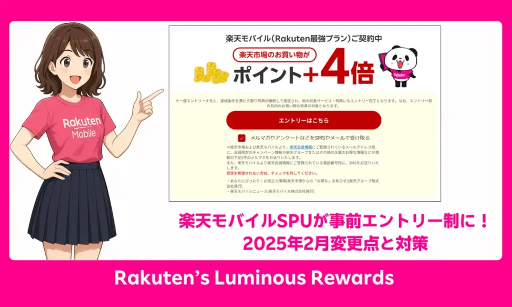 楽天モバイルSPUが事前エントリー必須に変更 2025年2月開始を伝えるアイキャッチ