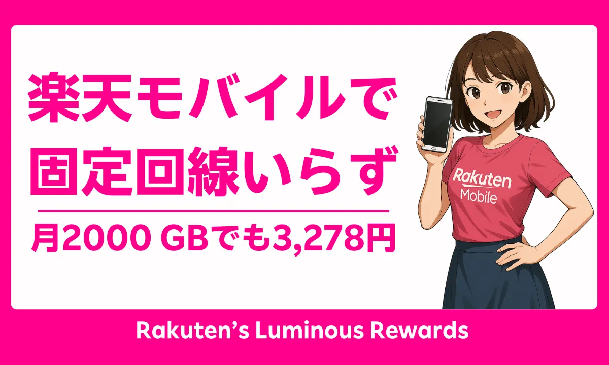 固定回線不要で楽天モバイルなら月2000GB超も3278円、お得最強プランを訴求するアイキャッチ画像